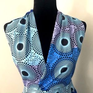 Lovely Blue, Black & Pink Fit & Flare Dress With Over Sized Back Bow. Size 8